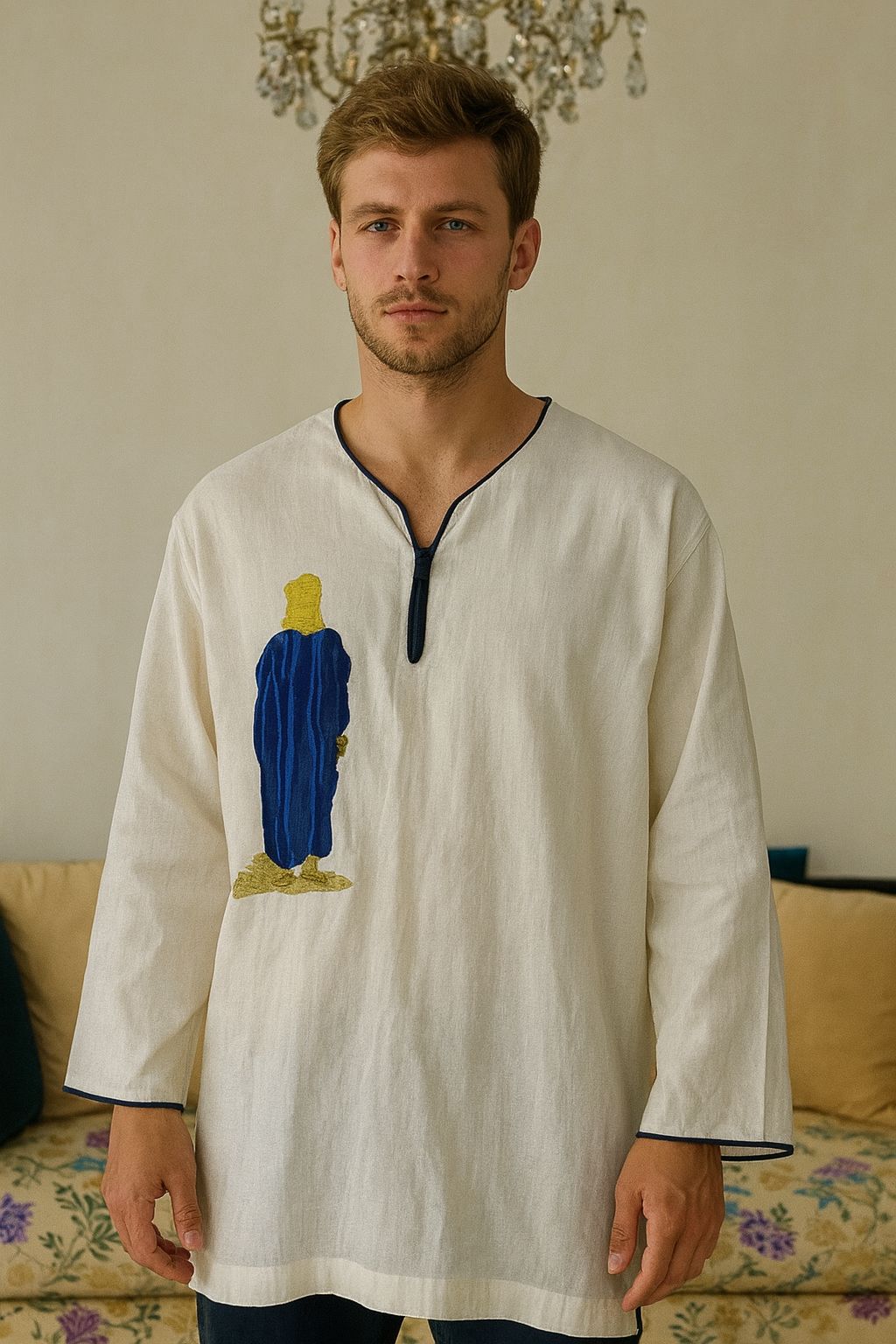 Tunique en lin pour homme brodée finition à la main